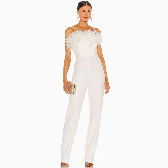 LUXEDRESS UNIQUE FEATHER TRIM STRAPLESS WIDE LEG JUMPSUIT - WHITE LARGE - Picture 2 of 5